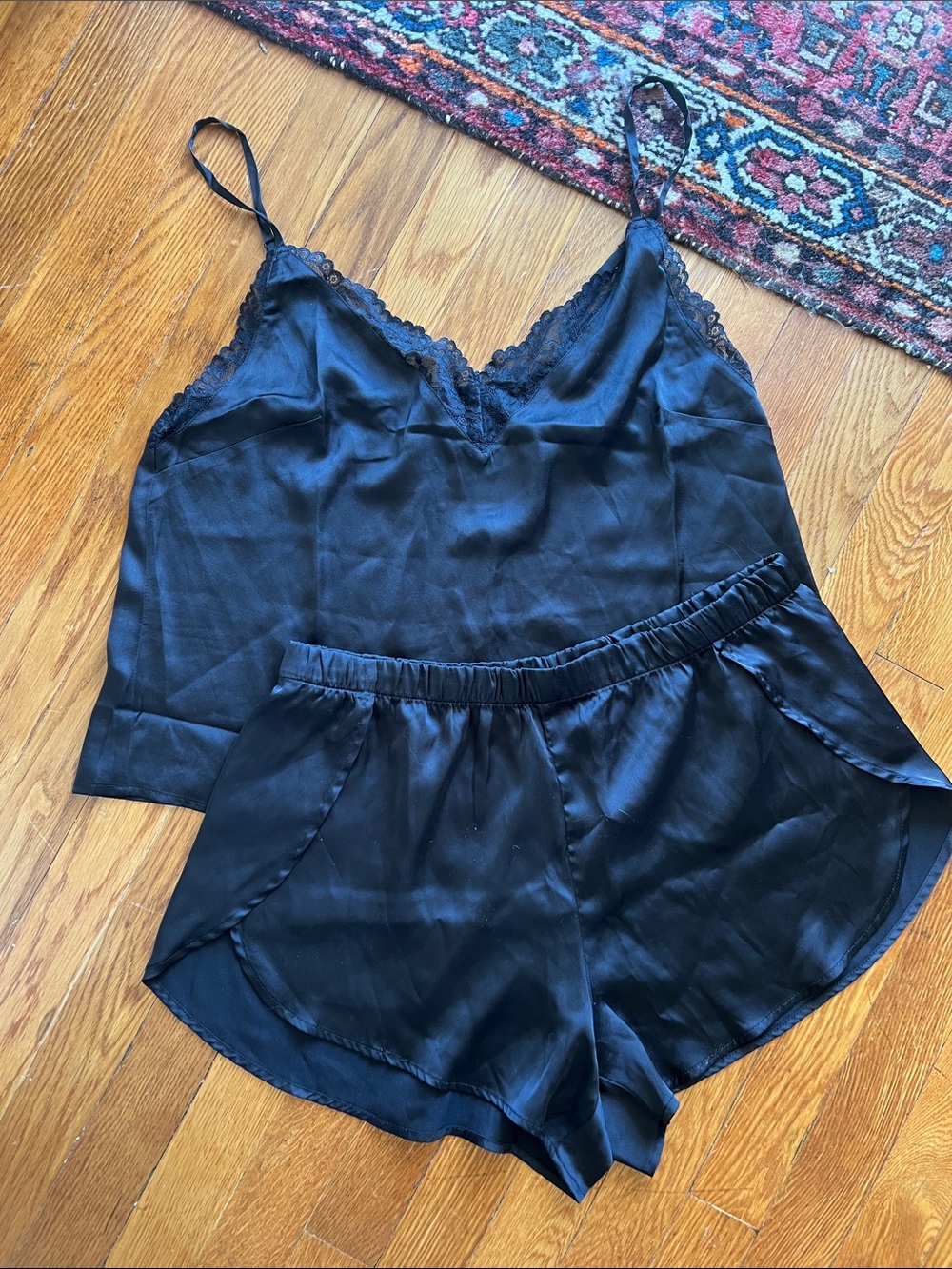 Adore Me Black Satin Lace Cami & Shorts Sleep Set